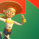 Toy Story Jessie running in front of a large green arrow