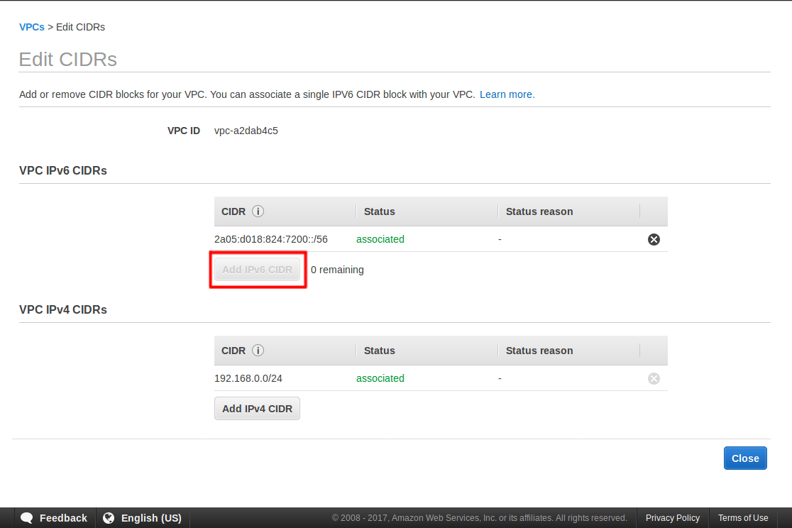 Step 5 Adding a IPv6 CIDR