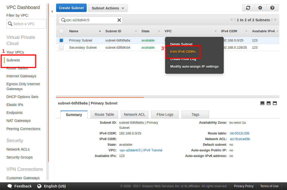 Steps 1 and 3, configuring the subnet.